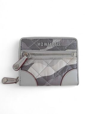 MZ WALLACE Italian Leather Crosby Wallet RDIF Light Gray Camo Coin Zip Red